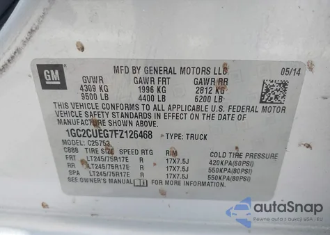 2015 Chevrolet Silverado C2500 Heavy Duty from USA, damaged, VIN 1GC2CUEG7FZ126468